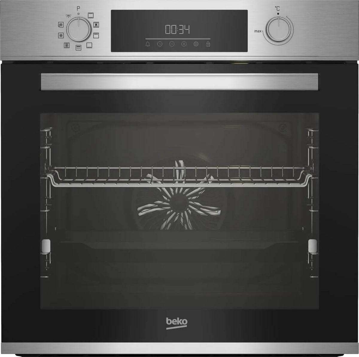 Beko BBIM12300xMPEF Backofen, 72 L, Einbau, Edelstahl, Schwarz, FlexiCrisp für kontrolliertes Nachbräunen, versenkbare Knebel, 10 Funktionen, Pyrolyse