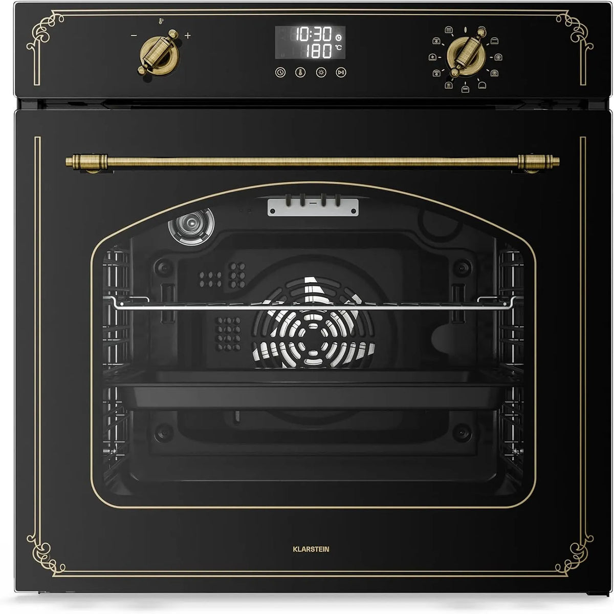 Klarstein Backofen, 60 cm, 76 L, Energieklasse A, Einbau, Timer, Schwarz, 11 Funktionen, 76L, Pyrolyse, Vierfachverglasung, Retro Design