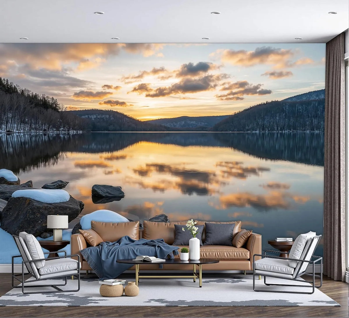 Fototapete, 256 Cm, 3D-Optik, Wohnzimmergestaltung, Premium 3D Sonnenuntergang Über Einem See Kunstdruck Tapete Tv-Hintergrundwand Für Schlafzimmer