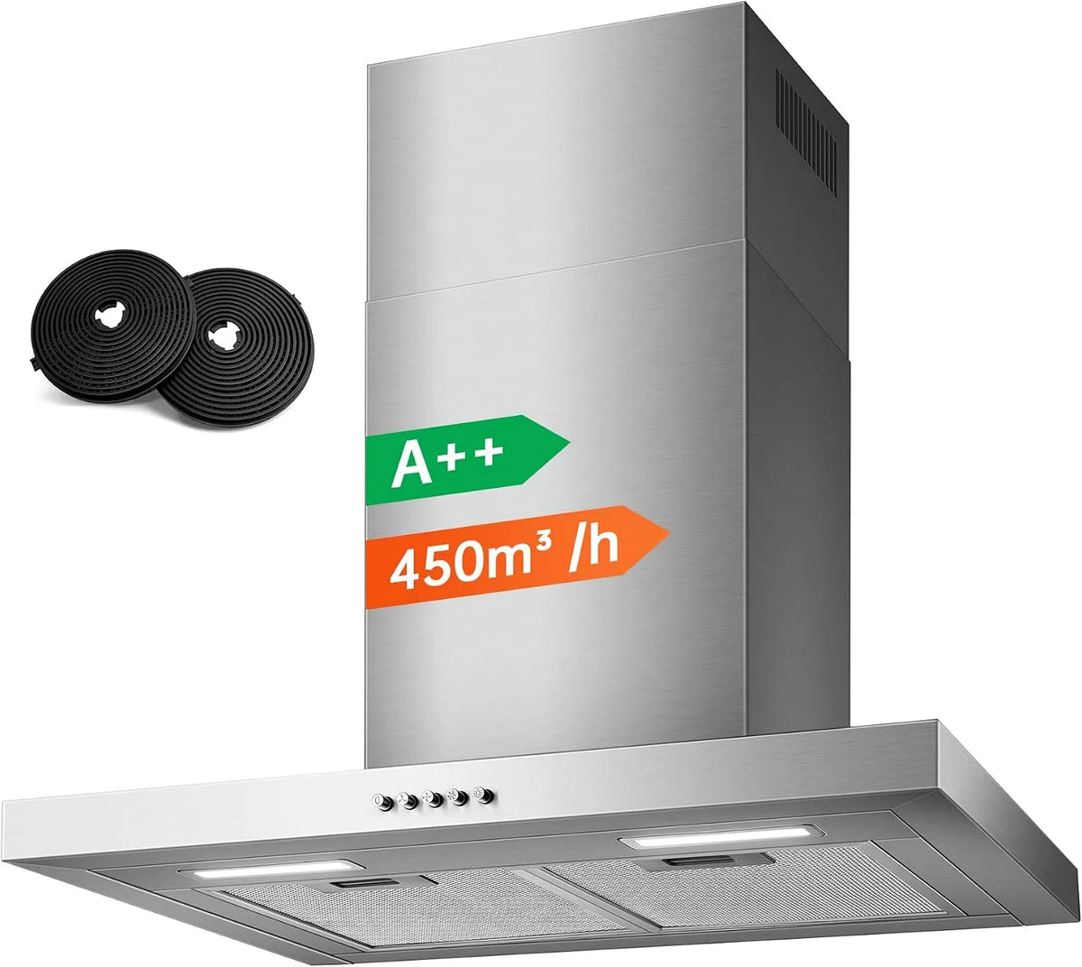 Dunstabzugshaube, 60cm, 450 m3/h, Küchenhaube, TopStrong 3-Stufen, Abluft- und Umluftbetrieb, Edelstahl, LED, 450m3, h T-Shape Abzugshaube