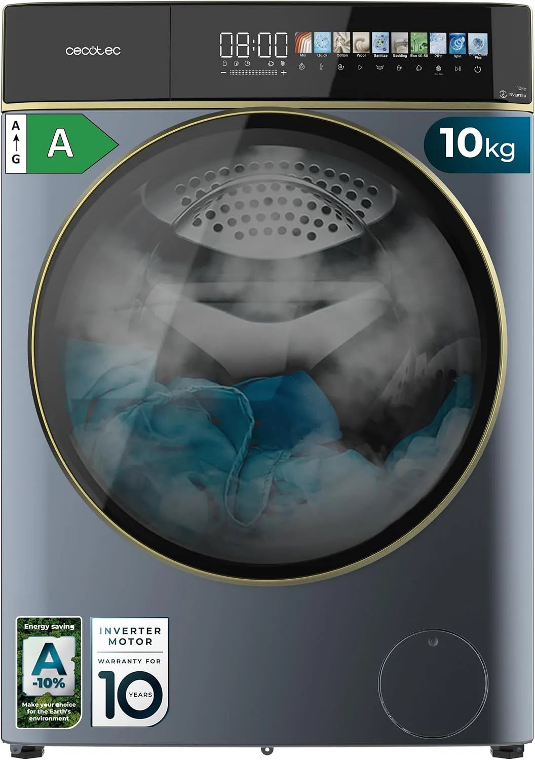 Cecotec Bolero DressCode 10900 Waschmaschine, 10, 3 Zoll, 10 kg, Inverter, Dampf, Blau, 11 Prog, geringer Energieverbrauch