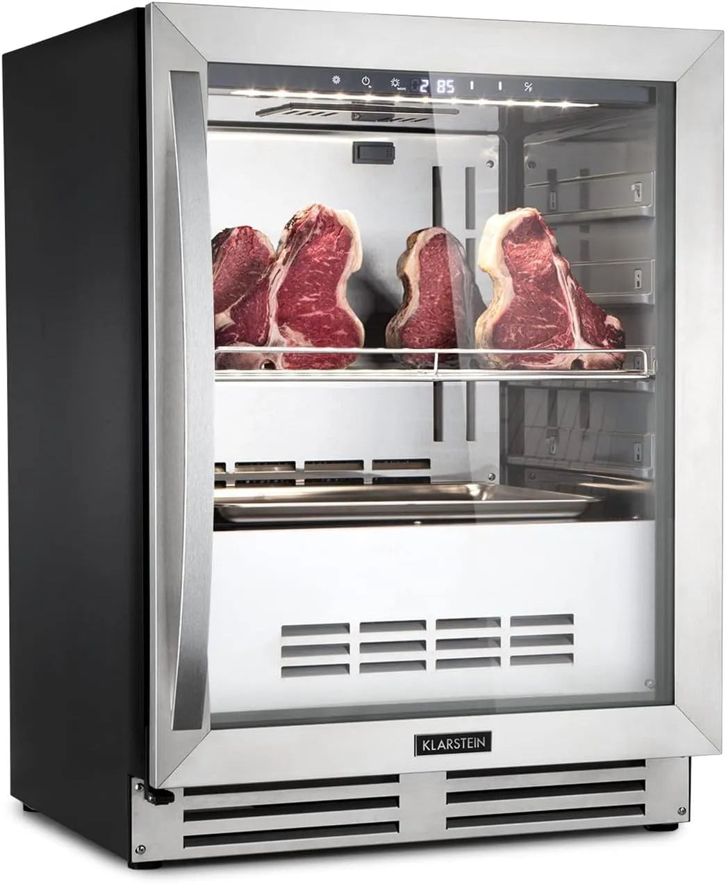 Klarstein Kühlschrank, 98 L, 1 bis 25 °C, Einbau, freistehend, Outdoor, LED-Beleuchtung, Glas, Reifeschrank Dry-Aged, Temperaturbereich
