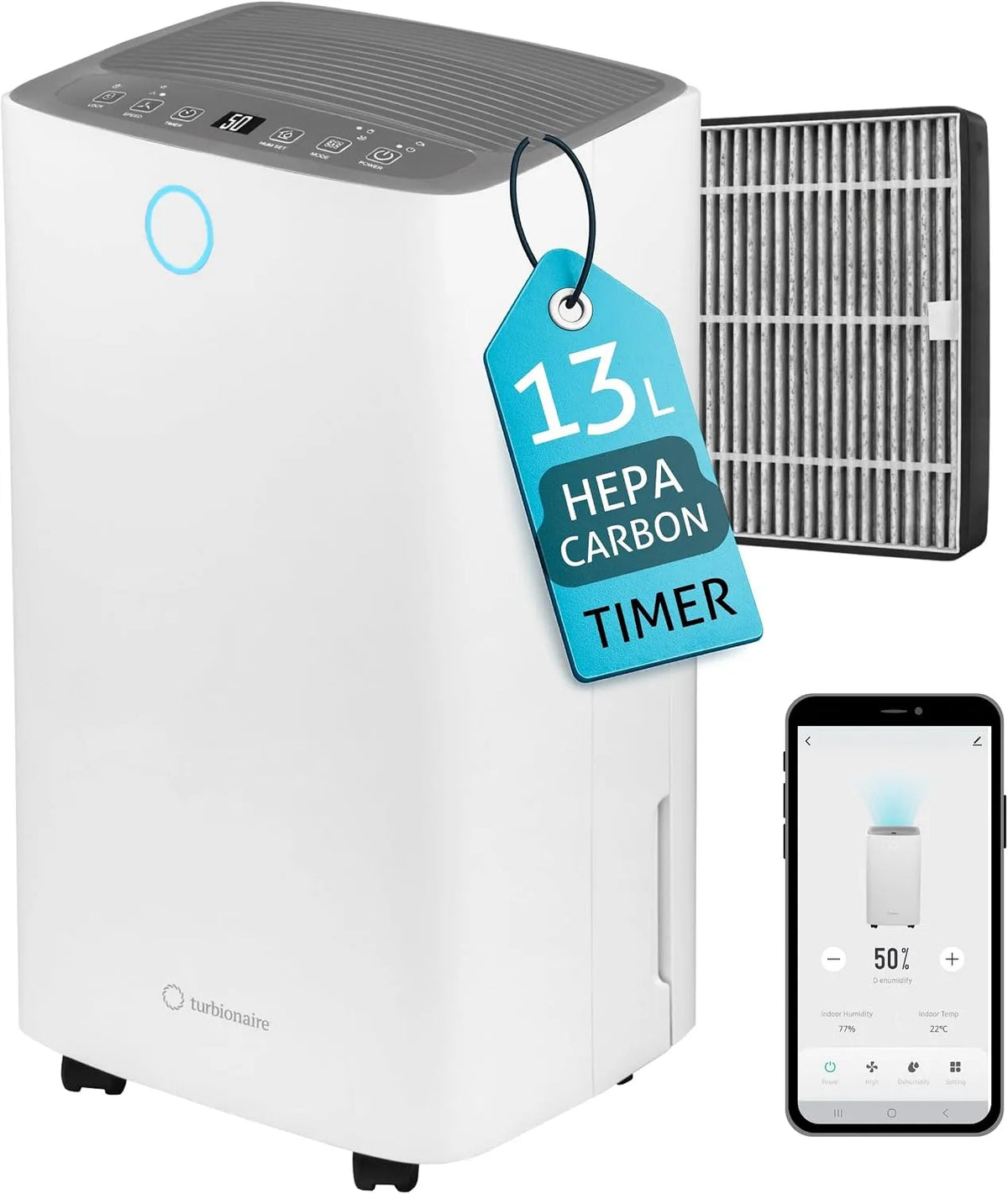 Luftentfeuchter L, 24h, 13 L, Timer, WLAN, großer Wassertank, Digitalanzeige, APP-fähig, Räume bis 30 m2, HEPA+Kohlefilter, Turbionaire Senso 13 WIFI