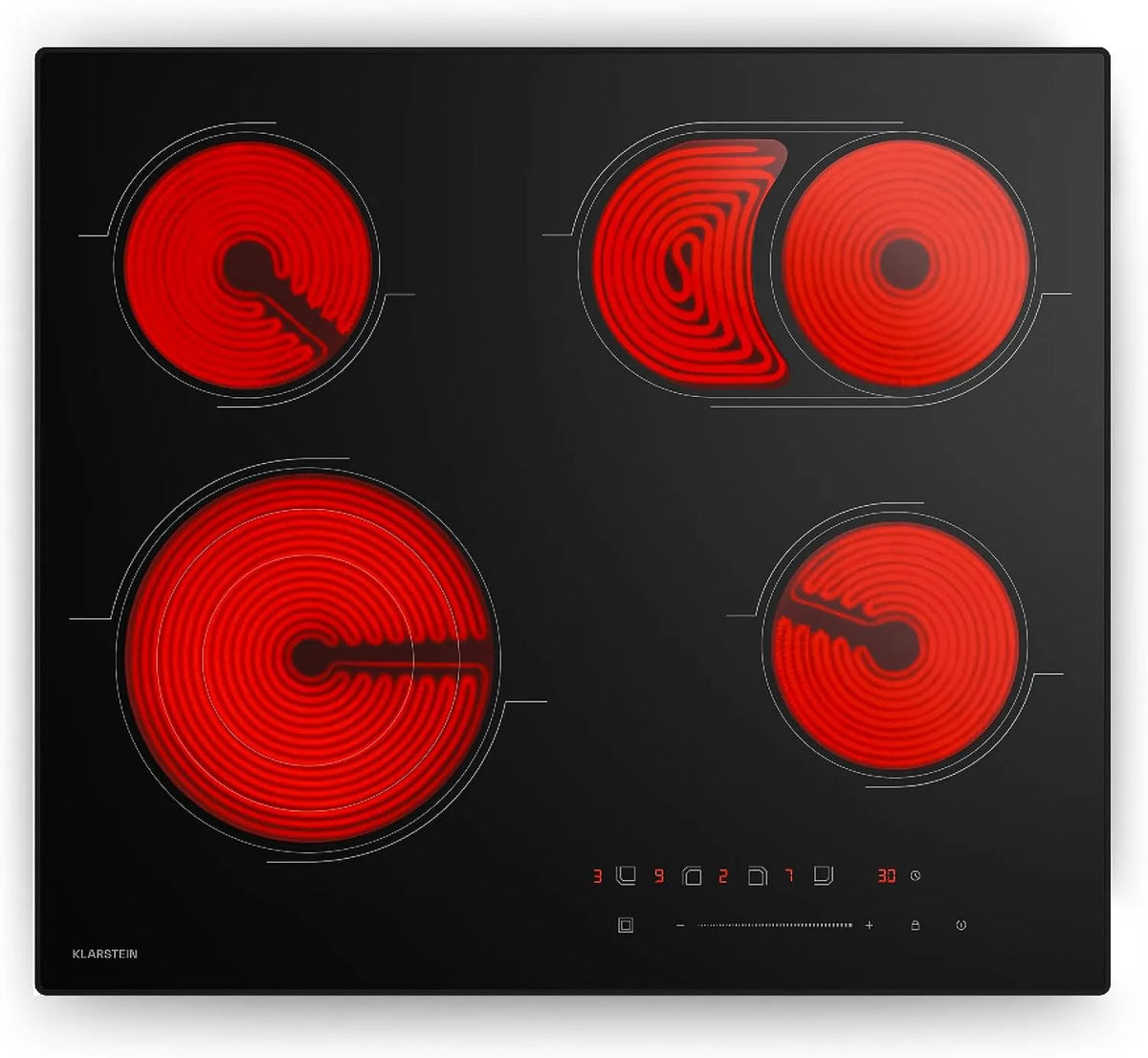 Klarstein 4-Zonen Glaskeramikkochfeld, 60 cm, 6700 W, Touch-Bedienung, Timer, Kindersicherung, Touch-Slider, Elektro Kochfeld für moderne Küchen