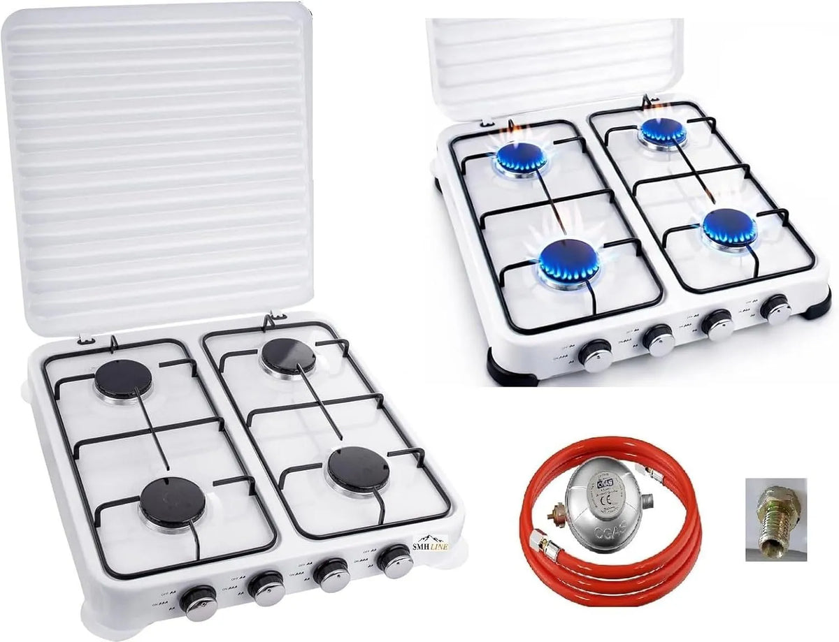 Campingkocher, Outdoor, SMH LINE® Gaskocher Campingkocher 4 flammig inkl. Schlauch und Regler 50 mbar Gas Propangas 10 KW Kochfeld Camping Gasflasche