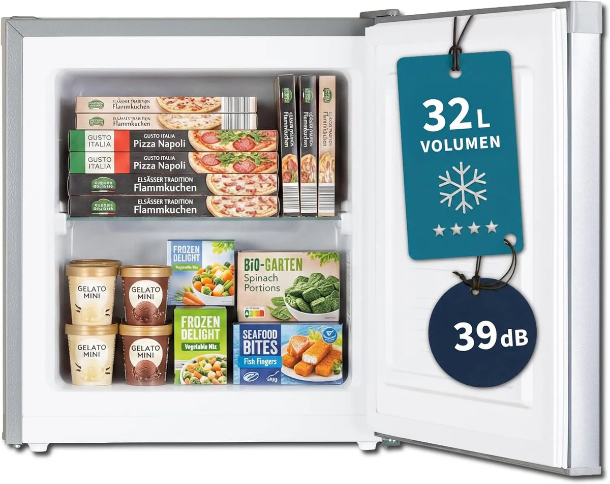Gefrierschrank 4-Sterne-Gefrierbox, 32 L, 39 dB, freistehend, Gefrierfach, leise, 2 Temperaturzonen, Tiefkühlschrank, Silber, bis -18 °C, kompakter