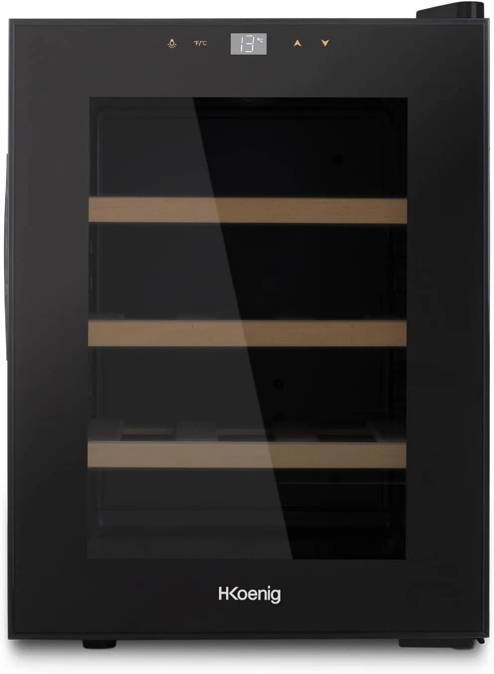 Weinkühlschrank, 12 Flaschen, 11 bis 18 °C, H.Koenig AGE12, 2 Temperaturzonen, LED-Temperaturanzeige, Holzlagerböden