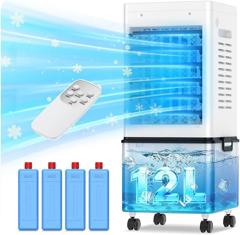 Klimaanlage, 12 L, Timer, Oszillation, leise, 60, 12L Abnehmbarem Tank, Mobil 45W, Fernbedienbar, 24h Timer, 6 Modi, Verdunstungskühler für Zuhause
