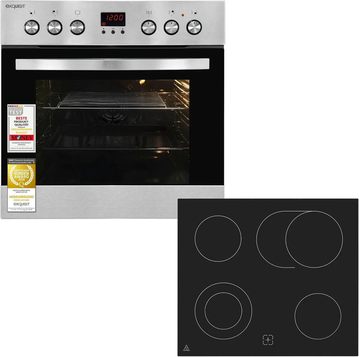 Exquisit Backofen, 58 L, Einbau, Edelstahl, Exquisit Einbauherd-Set Inox - Backofen 58 l Umluft & Glaskeramik-Kochfeld