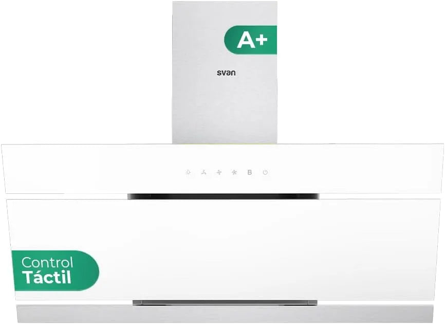 Modell SVCC1960B. 600m3, Svan Campana Extractora Inclinada 90cm Cristal blanco SVCC1960B. Potencia 600m3, 3 Velocidades, Tiro Doble, Control Táctil