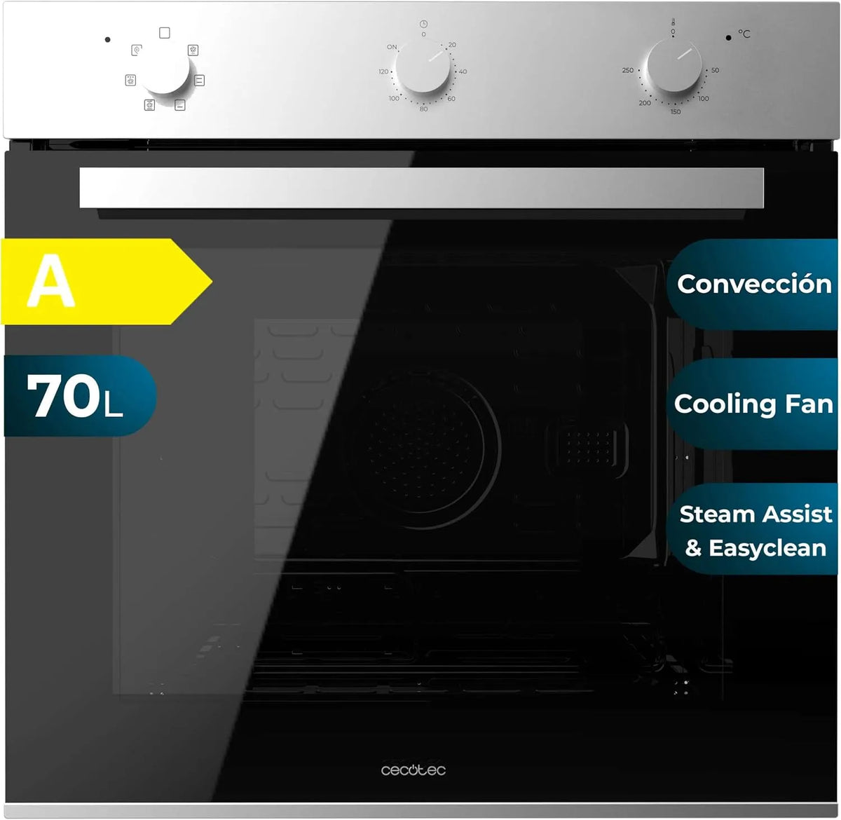 Cecotec Bolero Hexa M236000 Backofen, 70 L, 2800 W, Einbau, Timer, Steam Base xxL, Steam Assist, Steam EasyClean, 6 Funktionen, Umluft, Kühlgebläse
