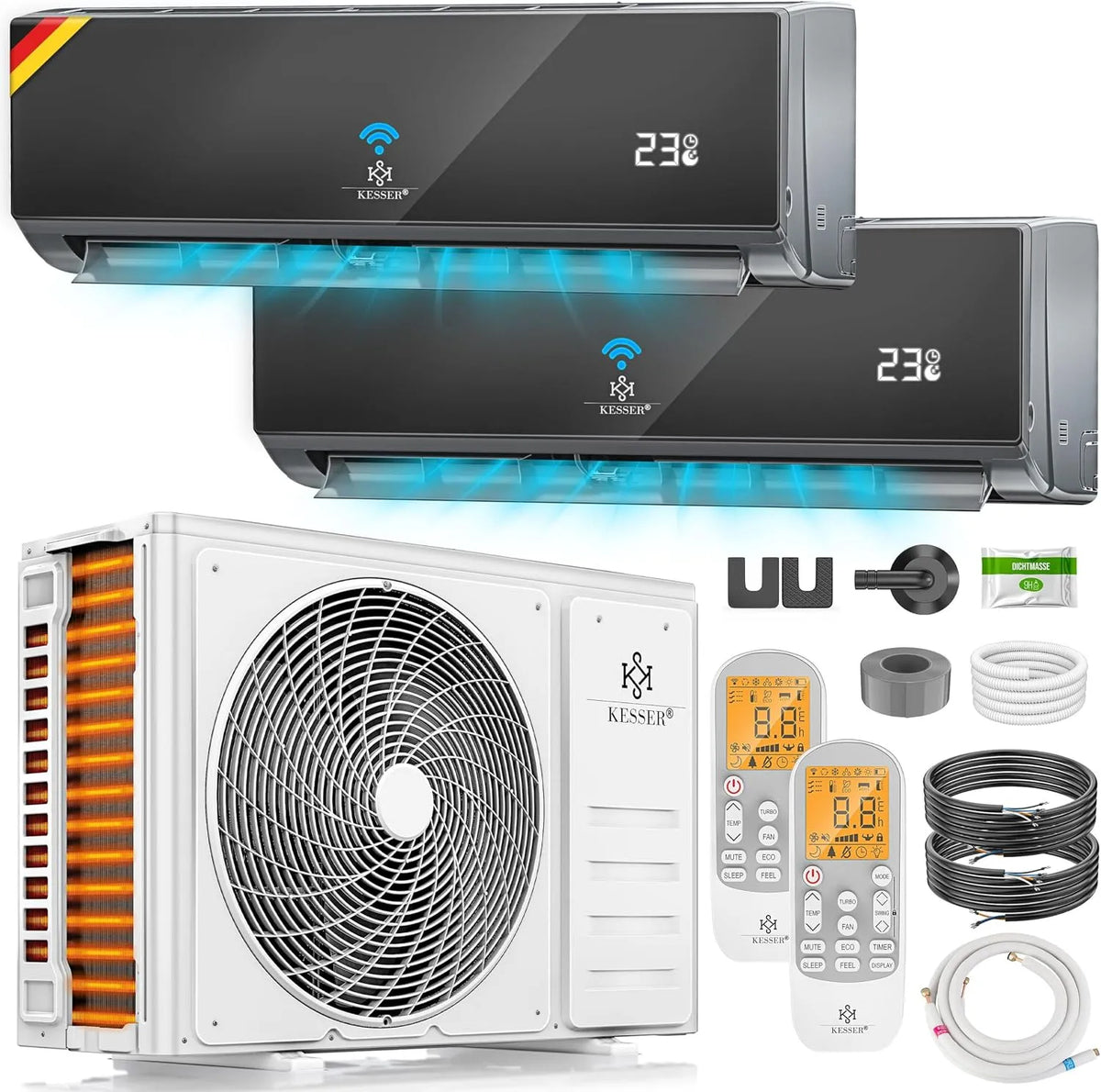 Klimaanlage R32, WLAN, Inverter, leise, 18000 BTU, sehr leise, KESSER® Multisplit Klimaanlage 2 Innengeräte, Luftentfeuchter & Ventilator, App