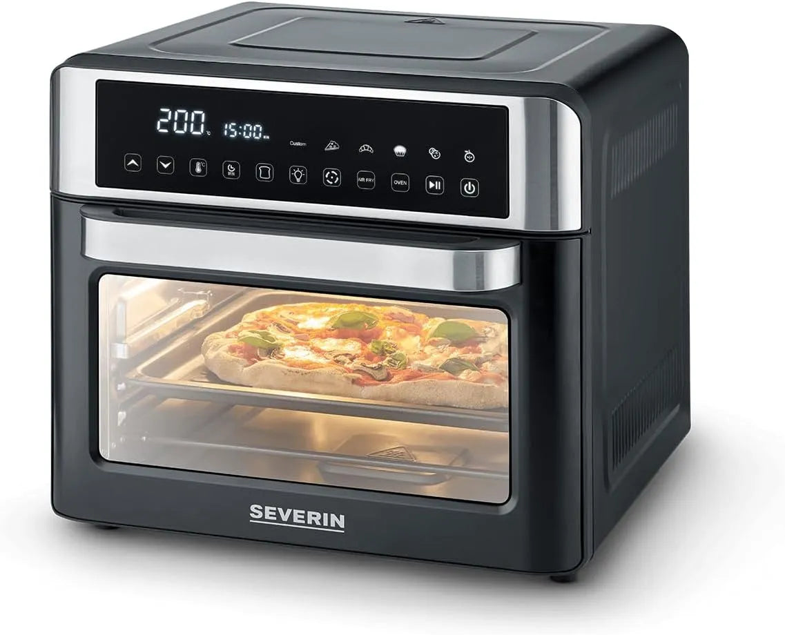 Severin 2-in-1 Backofen, 25 L, 2200 W, 12 Programme, 40 bis 220 °C, Grill, Schwarz, Grillrost, TO 2077, 4 Einschubhöhen, 25L, 2200W, silber, Toasten