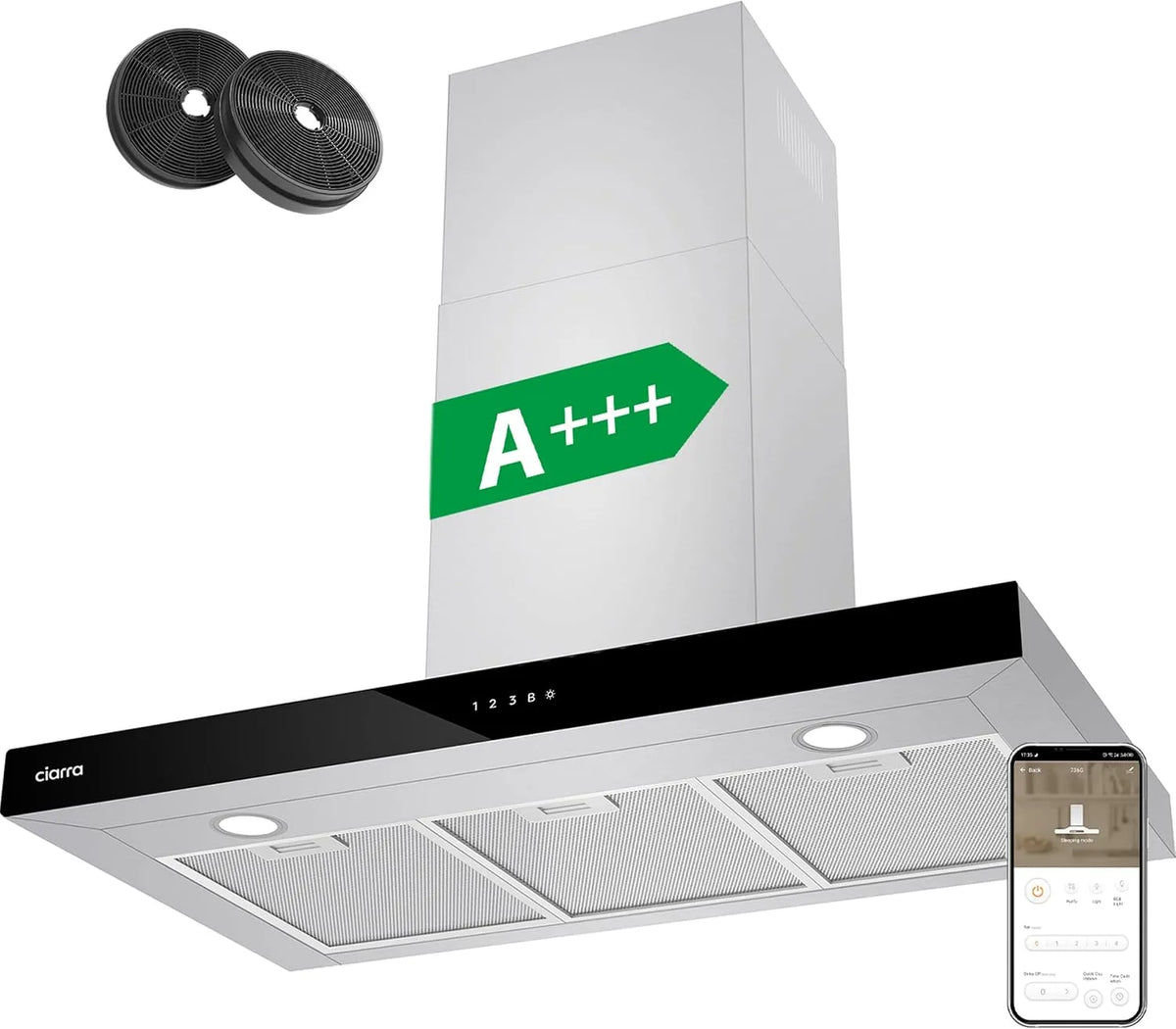 CIARRA ASS9102 CBCF003 Dunstabzugshaube, 90 cm, 650 m3/h, Küchenhaube, Abluft- und Umluftbetrieb, Touch-Bedienung, Edelstahl, Silber