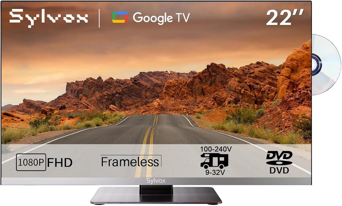 Google 1080P RJ45 Smart TV, 22 Zoll, 12 V, Fernseher, rahmenlos, WLAN, Bluetooth, DVB-T2, Full HD, Camping, KFZ und LKW, FHD, S2, inkl. Adapter