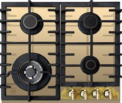 Gaskochfeld, 60cm, Einbau, autark, Gaskocher, 8 kW Wok Brenner, Elfenbein Glas, Metallrahmen Bronze, Gold, Luxus Herstellers Kaiser