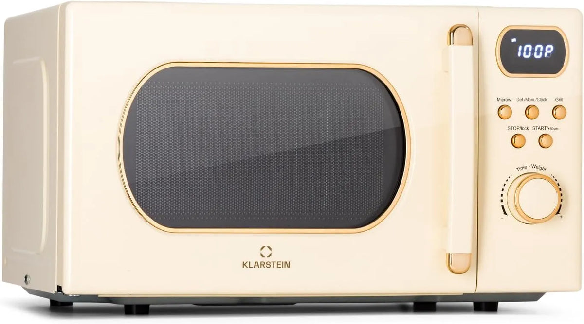 Klarstein Mikrowelle, 20 L, Grill, Pizza, Auftaufunktion, Mikrowellenofen, 800 Watt Mikrowelle Klein, Creme, Drehteller, Platzsparend, Einfach zu