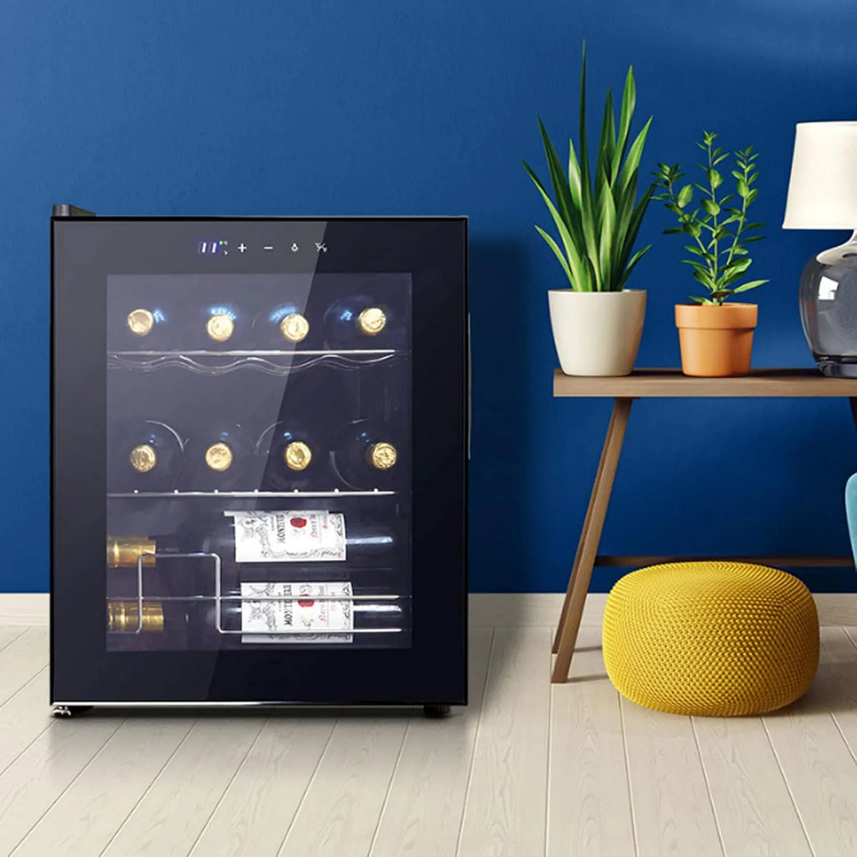 Weinkühlschrank, 48 L, 12 Flaschen, 5 bis 18 °C, Weinkühler, Glas, freistehend, Schwarz, Weintemperierschrank, Weinschrank, Wine Fridge mit