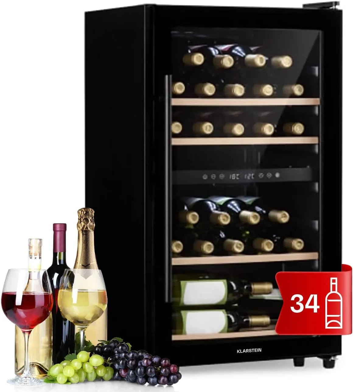 Klarstein Weinkühlschrank, 34 Flaschen, 5 bis 18 °C, Glas, schmal, freistehend, Weinkühlschrank Klein, Weinkühlschränke mit UV-Schutz