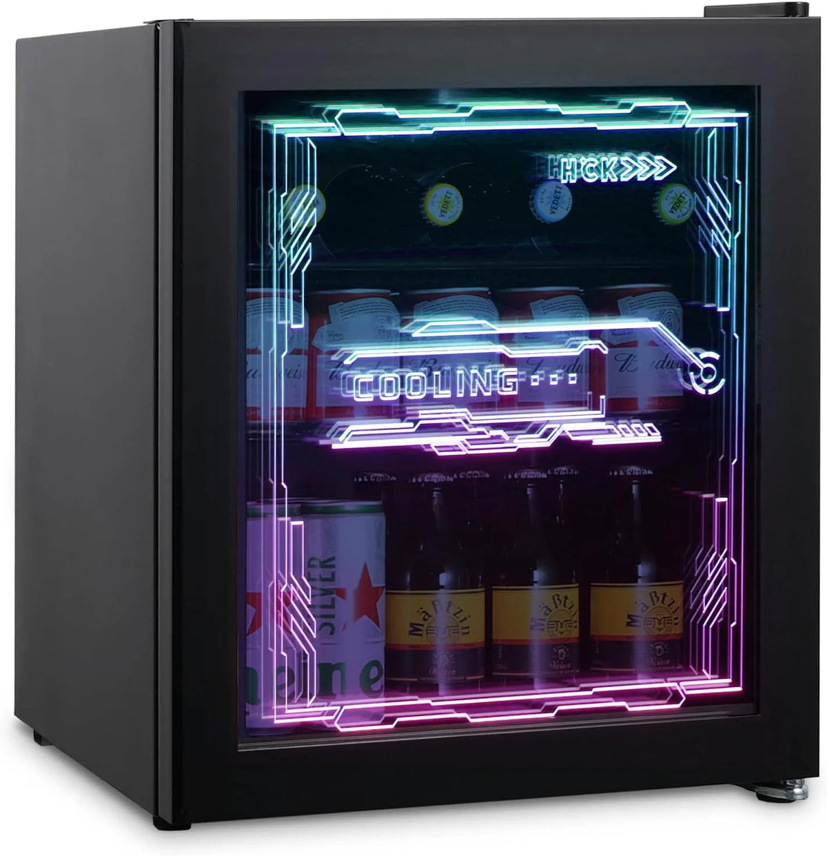Kühlschrank, 48 L, 0 bis 10 °C, 39 dB, LED-Beleuchtung, Glas, leise, Schwarz, Bar, leise 39dB, Cyberpunk Design, Party