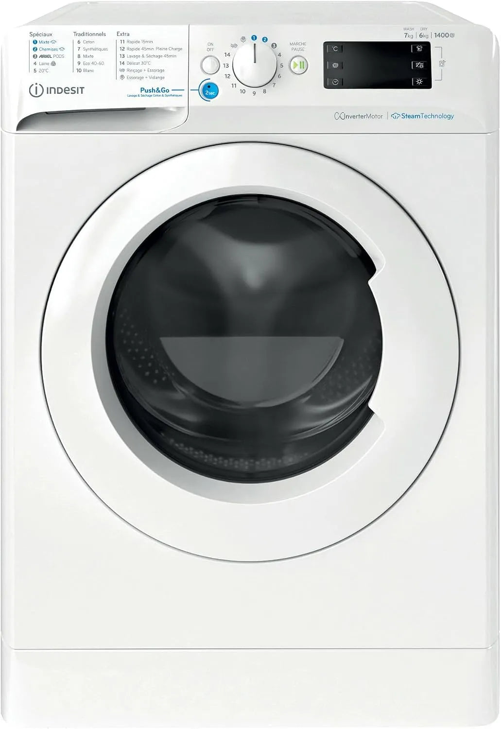 Waschtrockner BDE76435WVFR L60cm, 6 kg, Waschmaschine, Trockner, Weiß, 1400 trs, min, Lave-linge séchant INDESIT BDE76435WVFR - 7, min - Blanc
