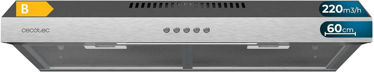Cecotec Bolero Flux CM 220m3, h Dunstabzugshaube, 60 cm, 220 m3/h, Küchenhaube, Edelstahl, Inox-Finish, Motor 70W, 3 Leistungsstufen, Niedriger