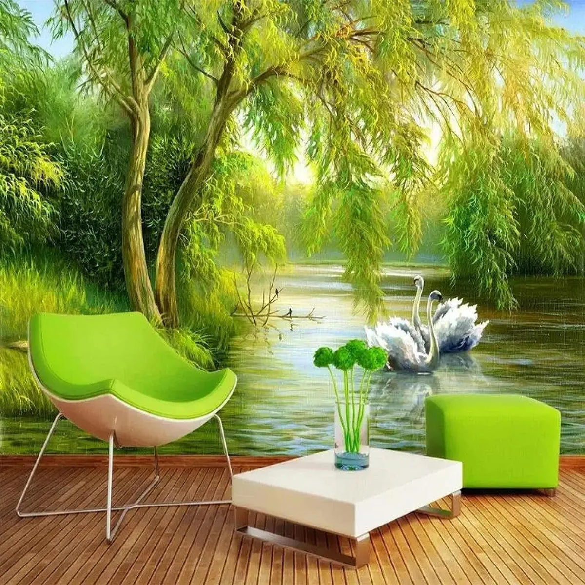 Fototapete, Wohnzimmergestaltung, Fernseher und Sofa, Dschungel, See, Tieren, Schwänen und Naturlandschaften, geeignet als Oberflächendekoration für