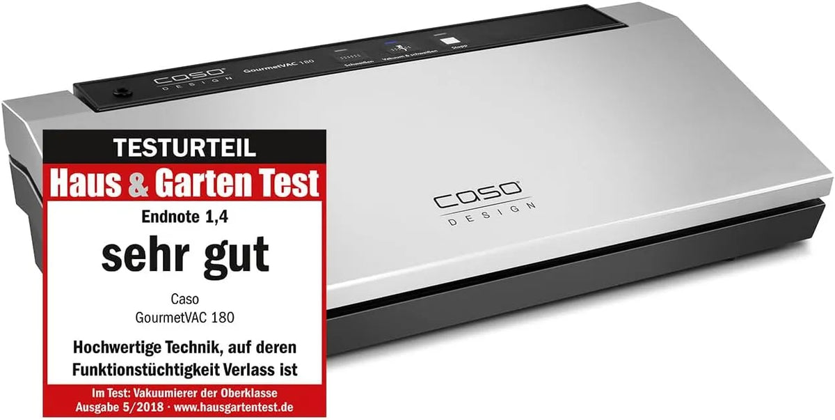 Caso Vakuumierer, GourmetVAC 180, Testurteil Sehr Gut, doppelte Schweißnaht 9L, min, doppelte Schweißnaht - Kolbenpumpe, und kraftvoller Motor
