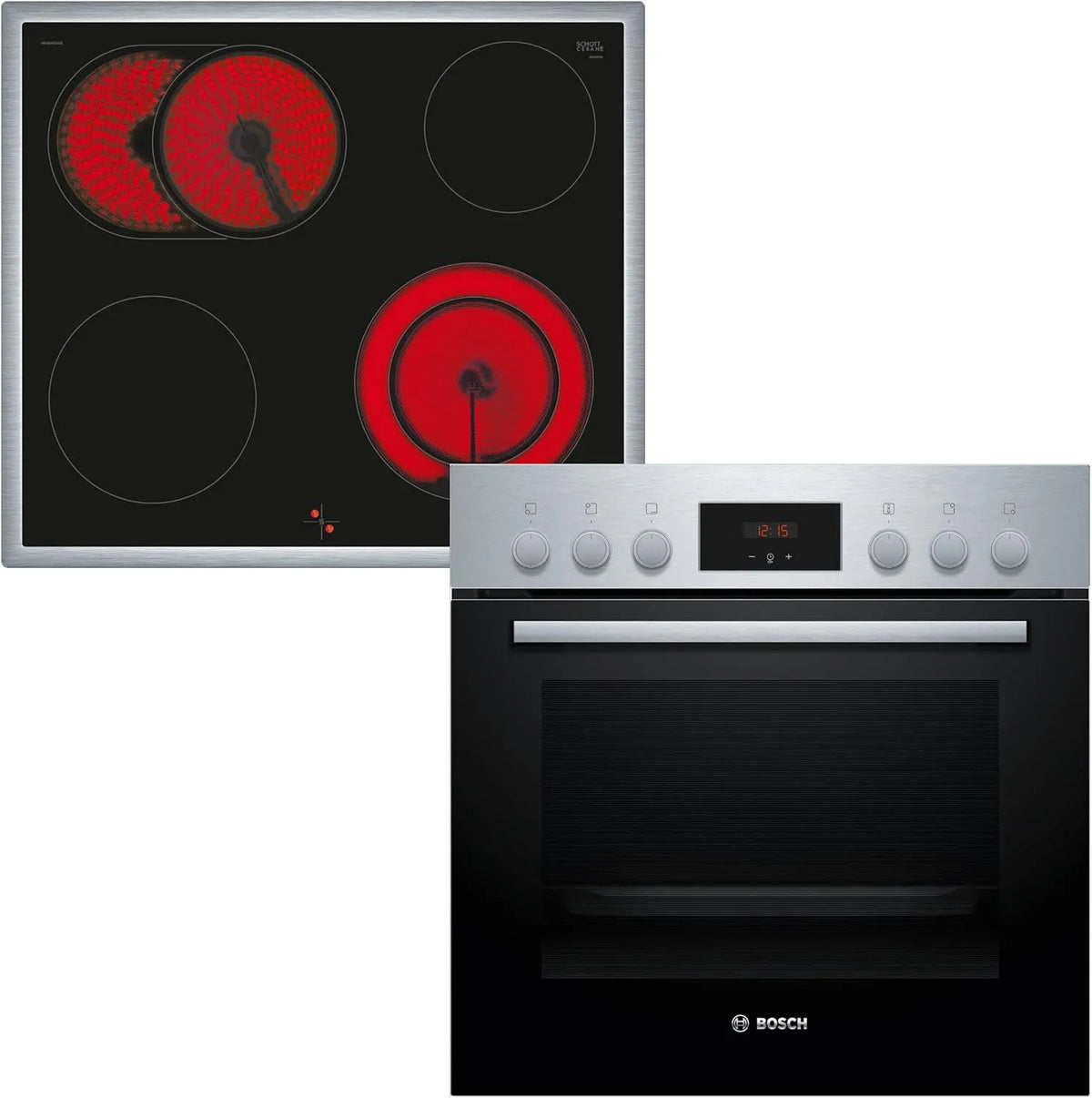 Bosch Serie 2 HND211RS63 Kochfeld, 60 cm, Einbau, 3D-Optik, Edelstahl, Glaskeramik, 3D Heißluft, 2-Fach Teleskopauszug, Bedienfeld am Herd