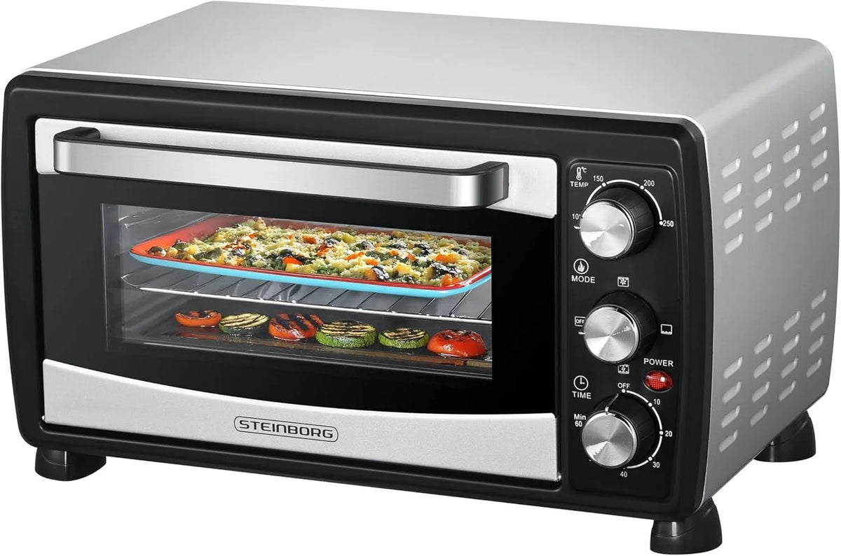 Elektrischer Pizzaofen, 20 L, freistehend, Timer, kompakt, Camping, Steinborg® Mini Backofen mit Umluft 20 Liter Pizzaofen Krümelblech Umluftfunktion