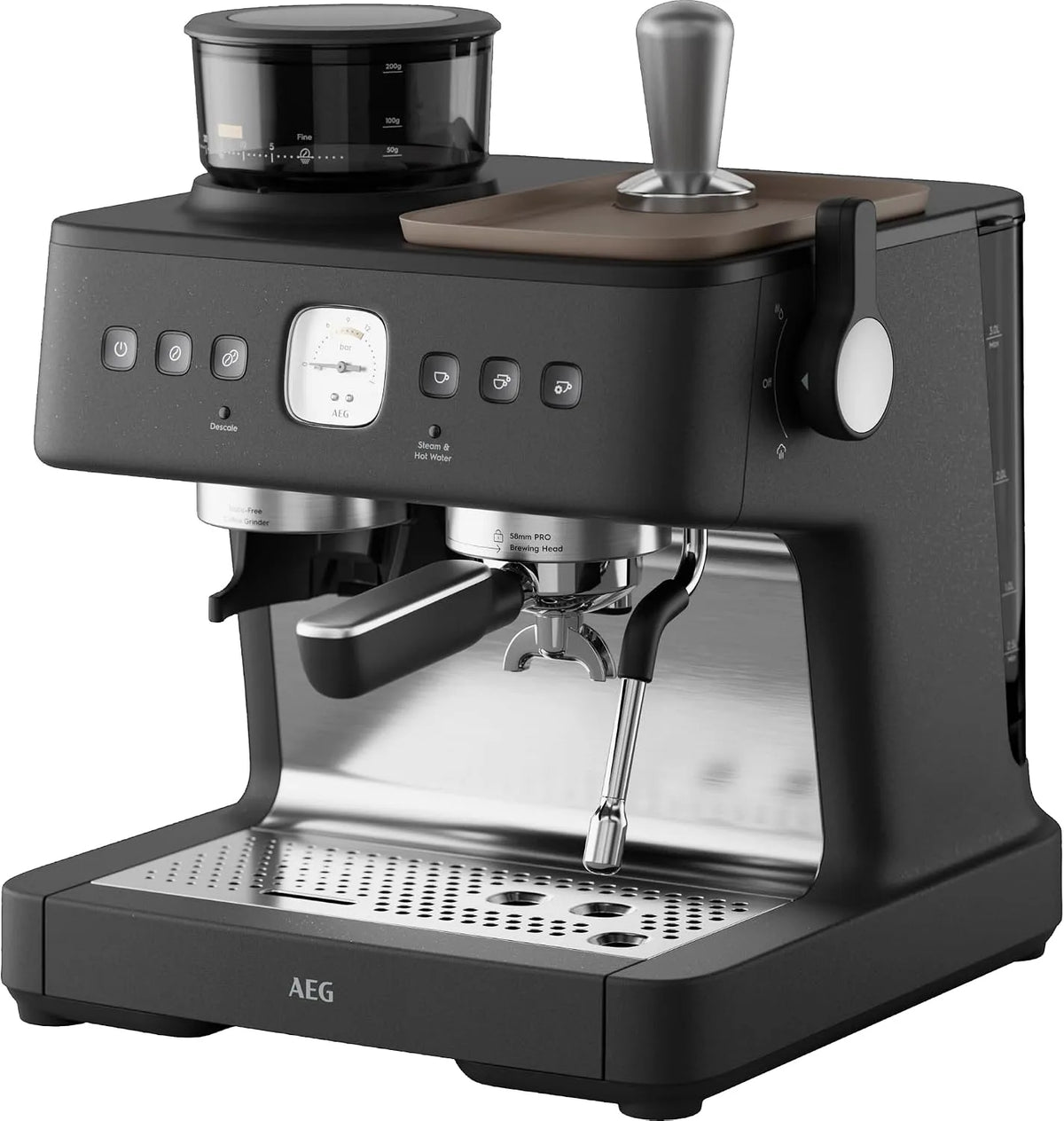 AEG Dual Thermoblock, Espresso Siebträgermaschine, 30 Mahlgrade, 20 Bar Druck EC8-1-8BP, 58mm Brühkopf, PID Temperaturkontrolle, Milchaufschäumer