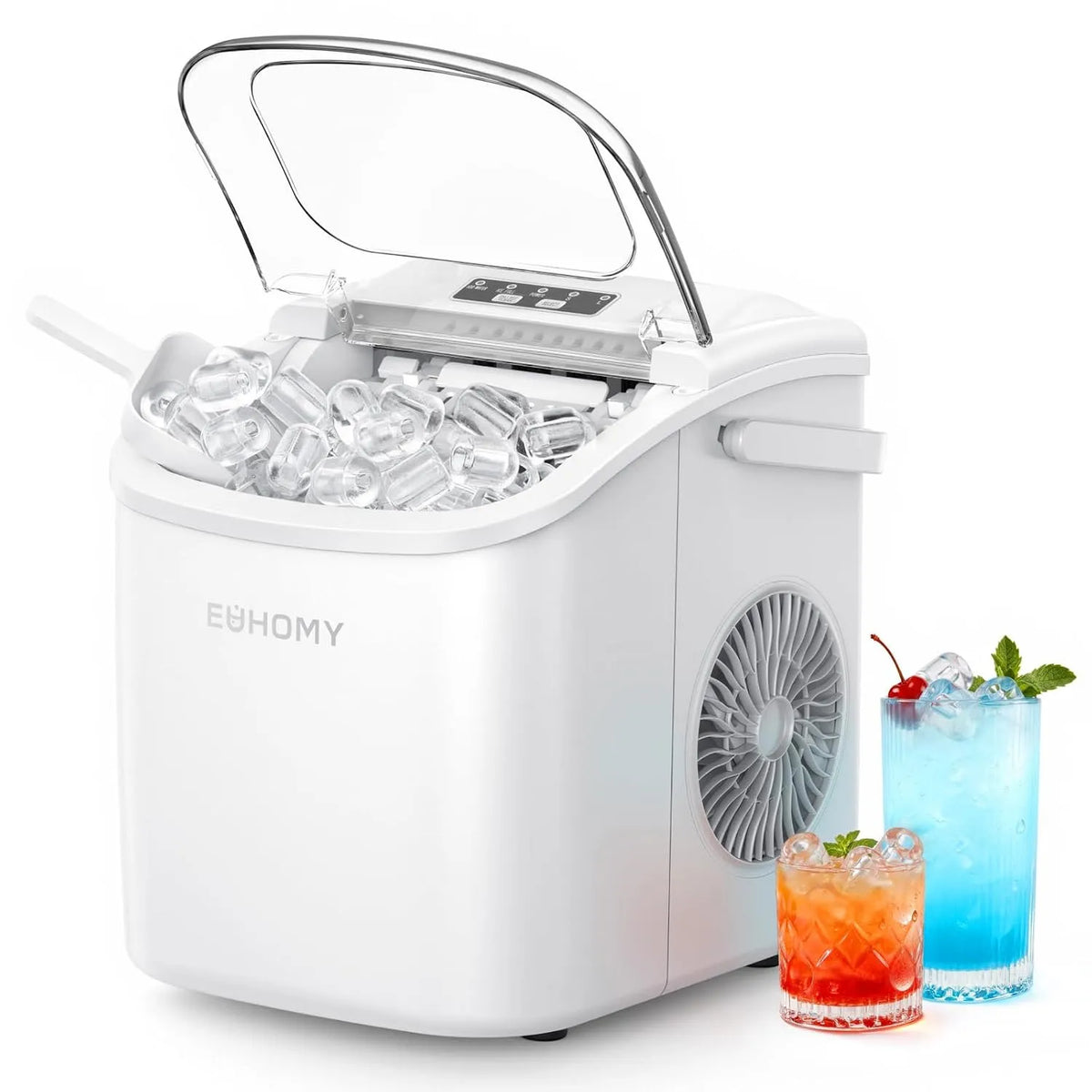 Eiswürfelmaschine, Camping, Weiß, 12 KG, Tag, 9 Eiswürfel in 6 Minuten, mit Tragegriff und Eiskorb, für Küche, Zuhause