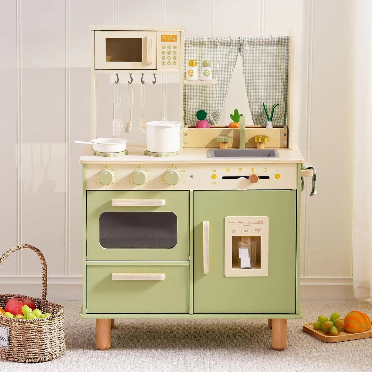 Kühlschrank, Transportrollen, ROBUD Kinderküche aus Holz, Backofen & Zubehör, Eiswürfelspender, Rollenspielküche für Kinder