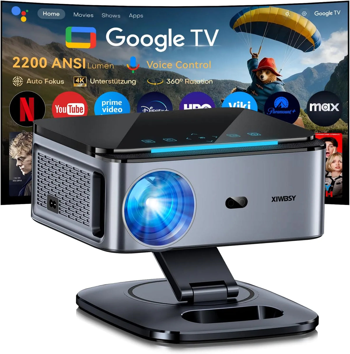Google Smart TV, Fernseher, 4K UHD, 0 Unterstützt 4K Autofokus 2200 ANSI 360°-Drehung, Beamer mit Google TV 14.0 Unterstützt 4K Autofokus 2200 ANSI