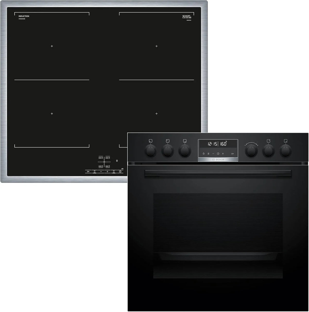 Bosch HND677LS62 HEG578BB4 Induktionskochfeld, 60 x 60 cm, Induktionsplatte, Einbau, 3D-Optik, Edelstahl, & NVQ645CB6E Induktionskochfeld, Bestehend