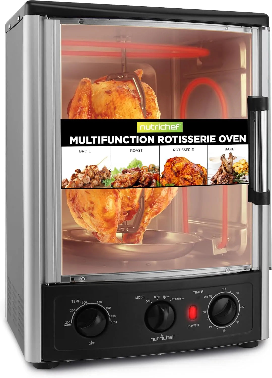 Backofen, 23 L, Timer, Grill, 2 Temperaturzonen, NutriChef Heißluft-Multiofen mit Drehspieß