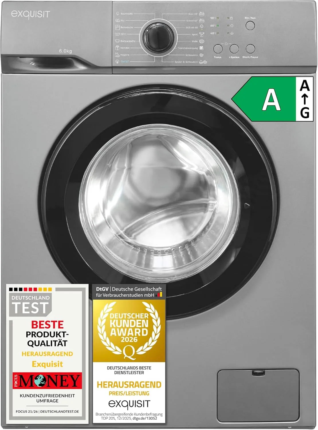 Exquisit WA56110-021A Waschmaschine, 6 kg, Energieklasse A, Edelstahl, Inoxlook