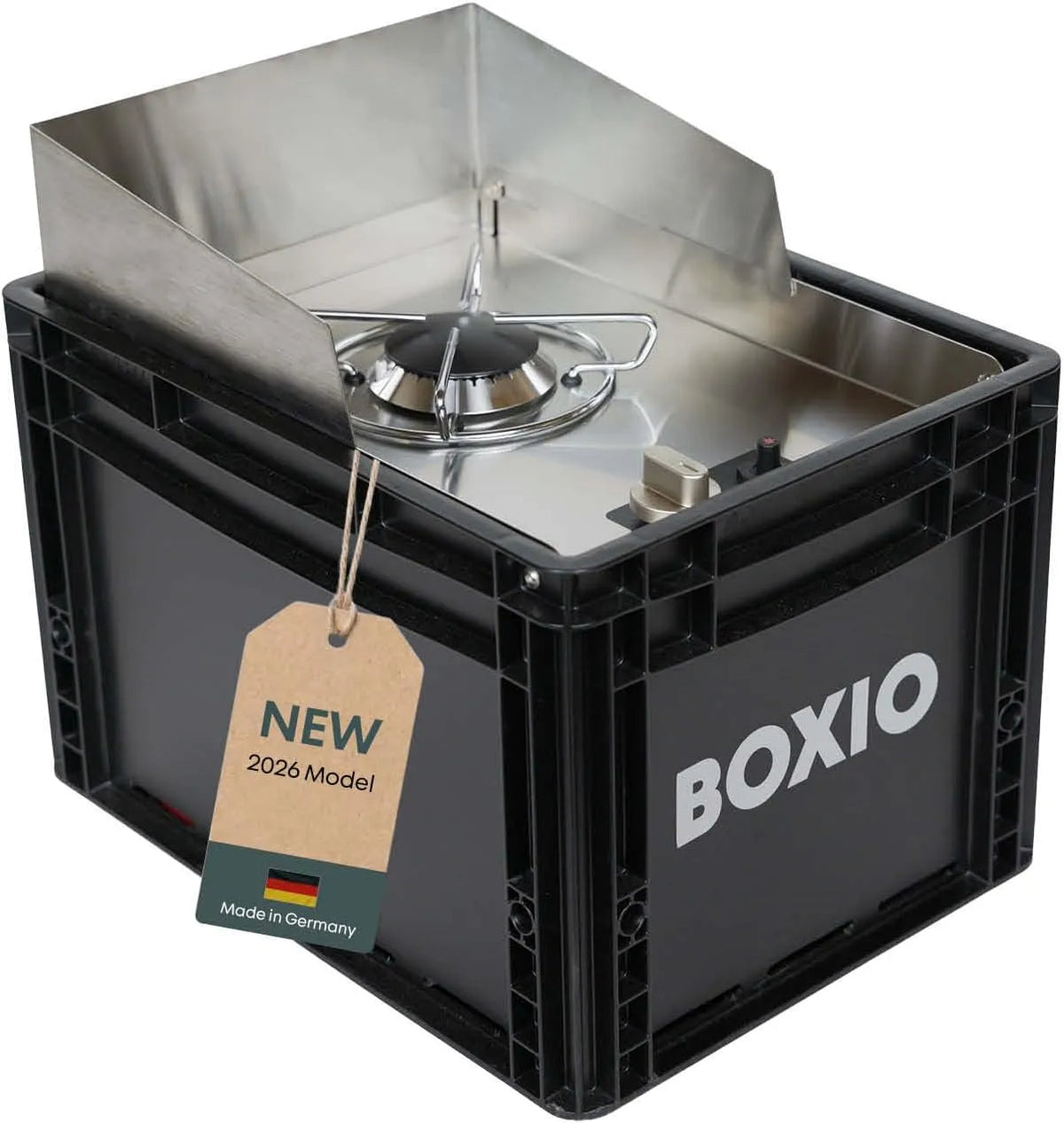 Campingkocher, Outdoor, 0: Gaskocher für Camping mit 1800 Watt, BOxIO COOK 2, Piezozündung und Windschutz im Eurobox Design