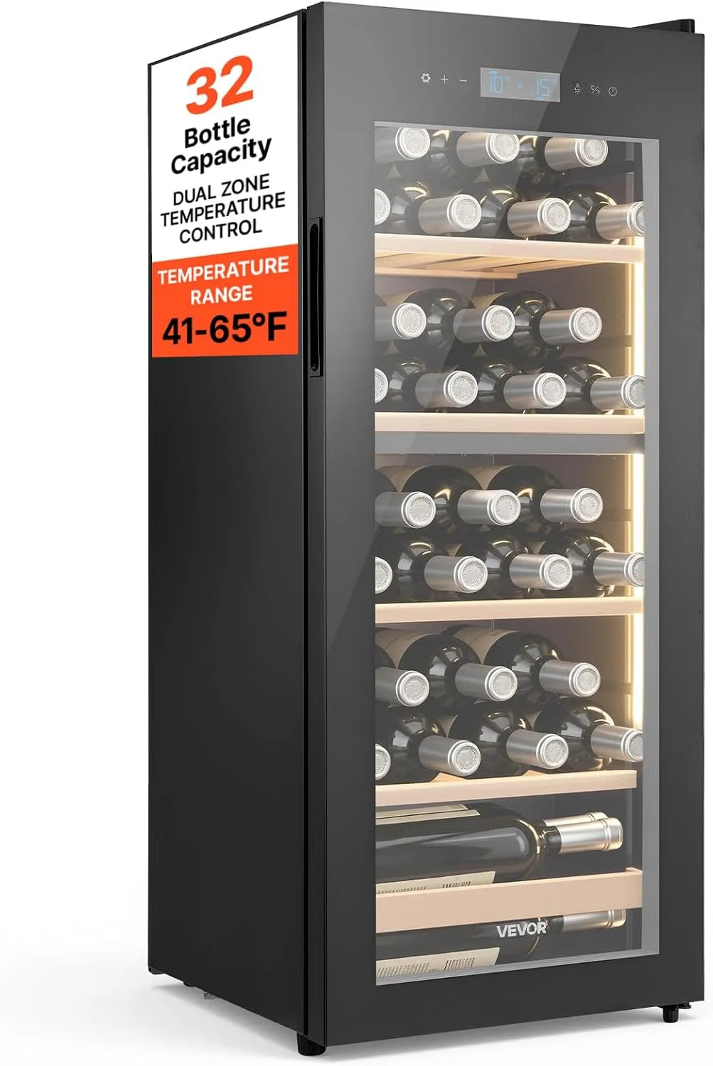 VEVOR Weinkühlschrank, 32 Flaschen, 5 bis 18 °C, 2 Temperaturzonen, Glas, freistehend, USB, Rotwein, Weißwein, für Hausbar, Büro, Bar, Champagner
