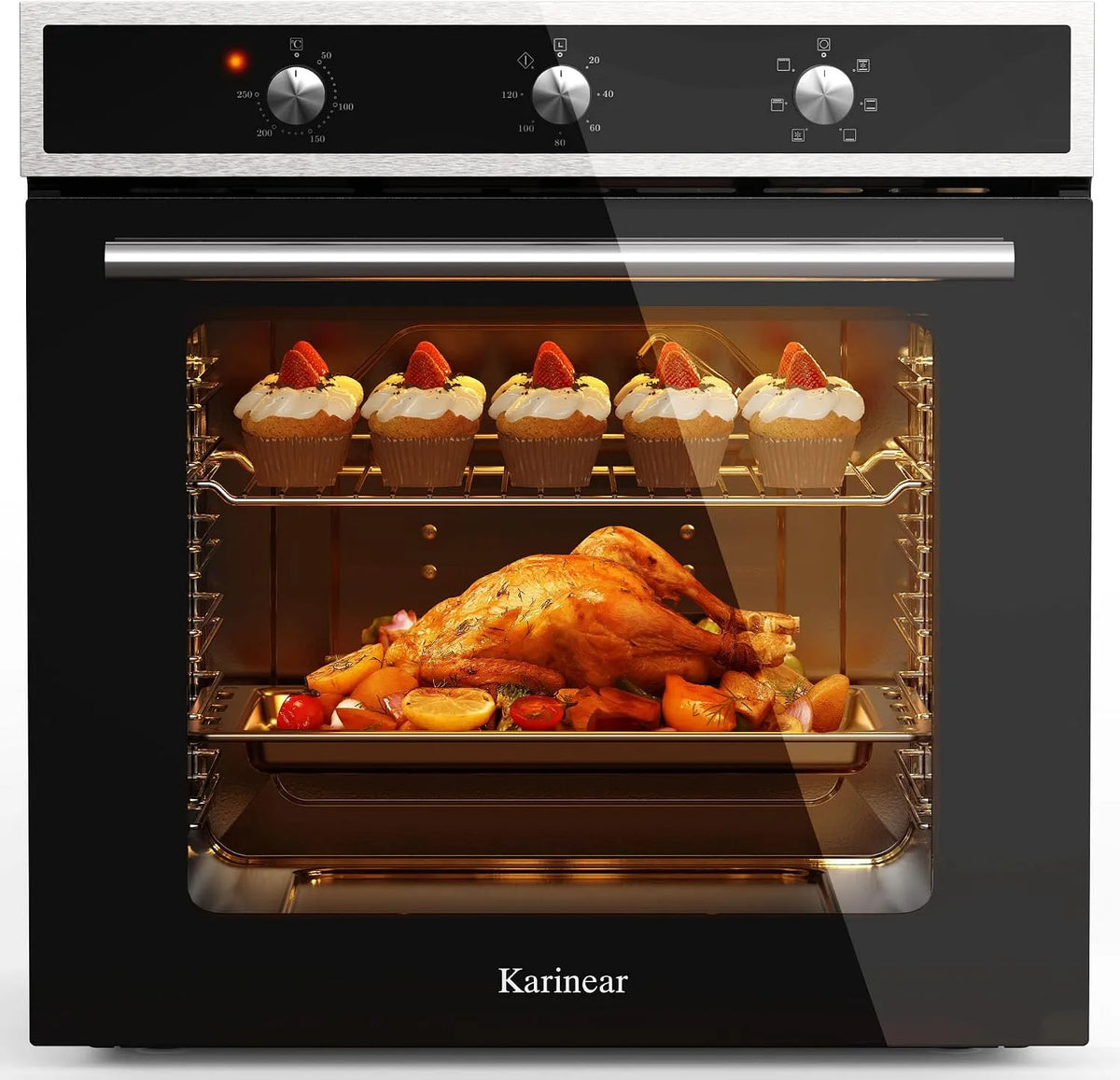 Backofen, 60 cm, 60 L, 2200 W, 6 Programme, Karinear, Einbau, Schwarz, 2200W, Karinear Einbaubackofen 60 cm 60L mit Stecker