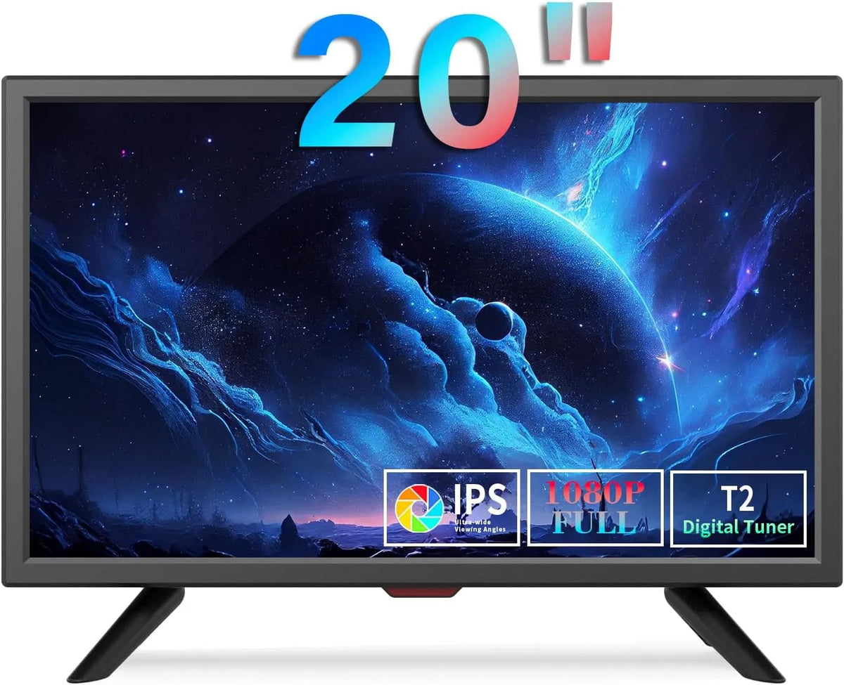Smart TV, 20 Zoll, Fernseher, HDMI, USB, DVB-T2, 12 Volt, AV-Eingang, Fernbedienung, Auto, und Netzadapter