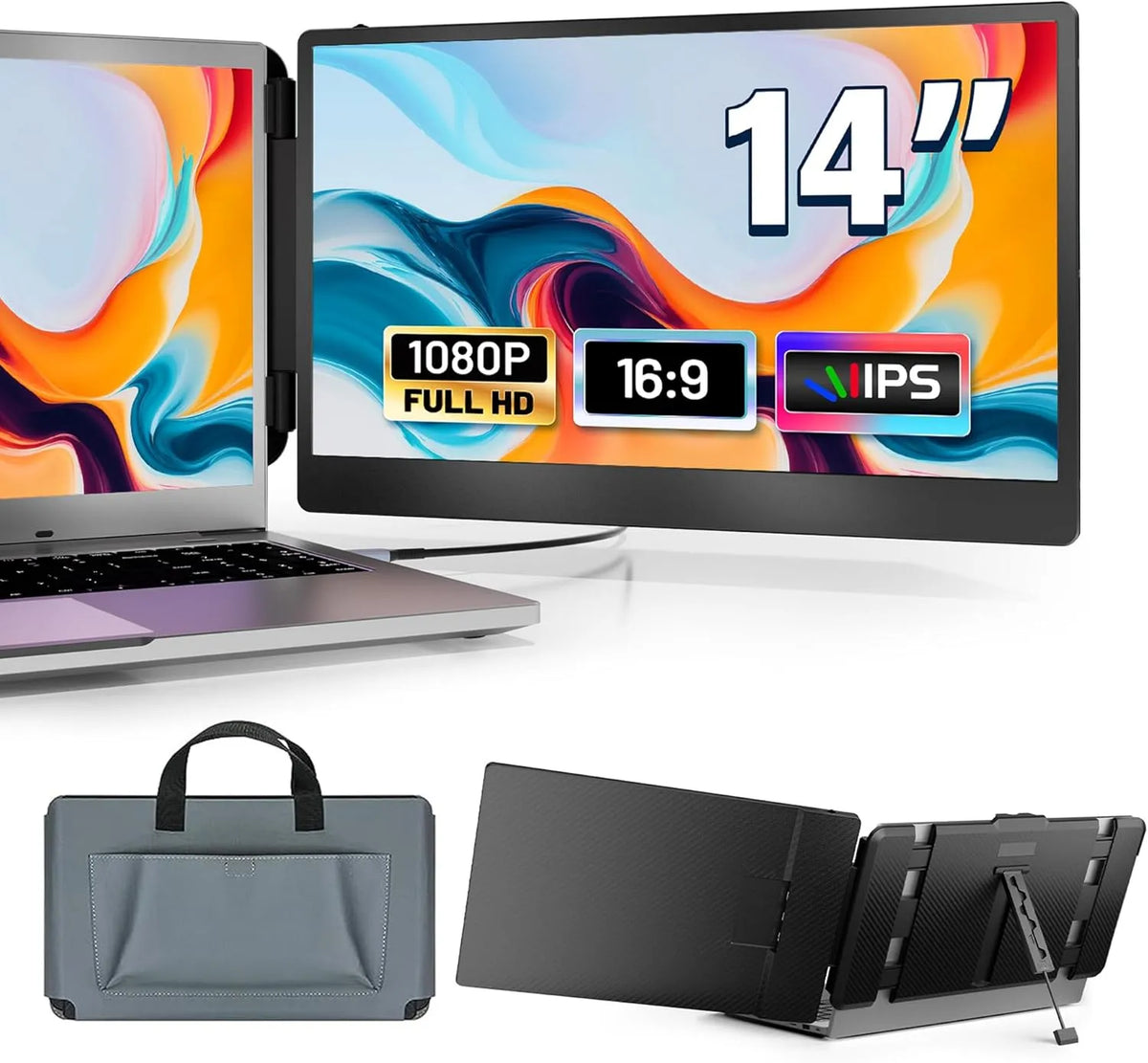 Monitor 1080P PS5, 14 Zoll, tragbar, Android OS, Full HD, HDMI, USB, 14' FHD Dual Laptop Bildschirm Extender, Arbeit mit 13, 3'-17' Laptops, Mac