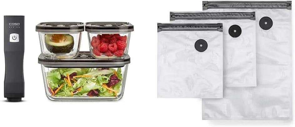 Caso Handvakuumierer inkl. 3 Vakuumbehälter aus Glas & Vacu ZIP-Bags Set, Vacu OneTouch Eco-Set, 20 Folienbeutel in 3 verschiedenen Größen