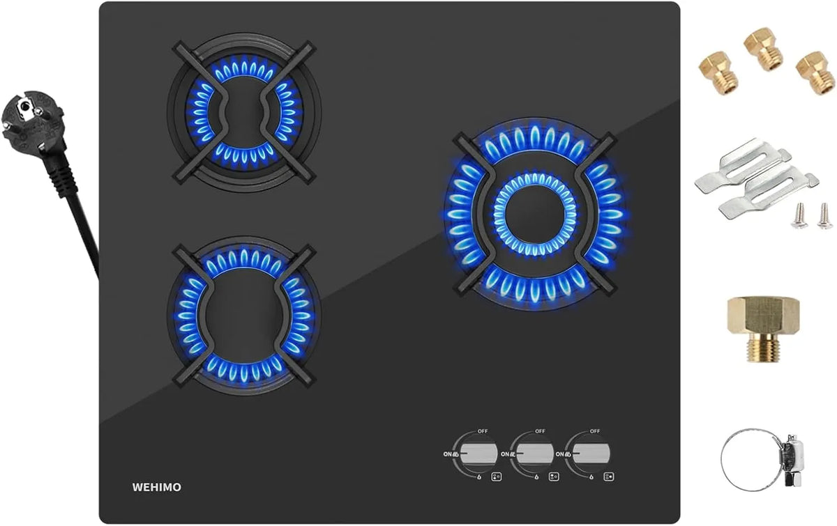 Gaskochfeld 3300W+2700W+1750W, 59cm, 3 Kochzonen, 7750/3300, 2700 W, Einbau, Gaskocher, 3 Zonen Gaskochfeld für Propangas und Erdgas, 7750W, Schwarzes