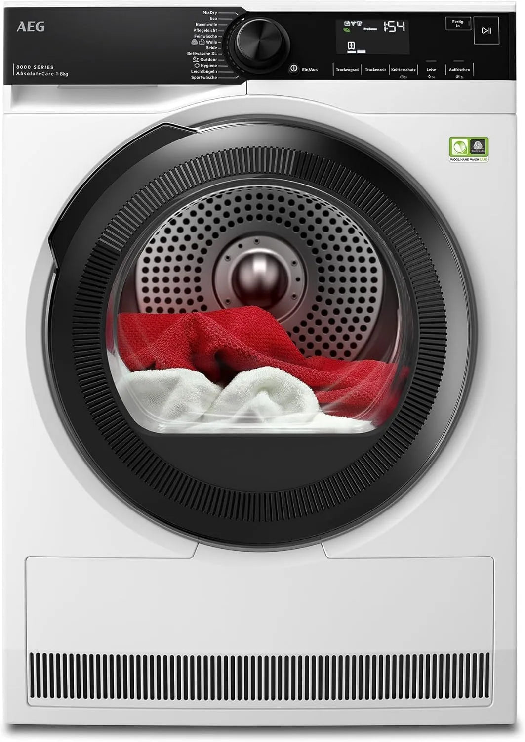 AEG Serie 8000 TR8T75780 Wäschetrockner, 8 kg, Testsieger der Stiftung Warentest 2025, AEG Wärmepumpentrockner 8kg, Serie 8000 AbsoluteCare Wolle- &