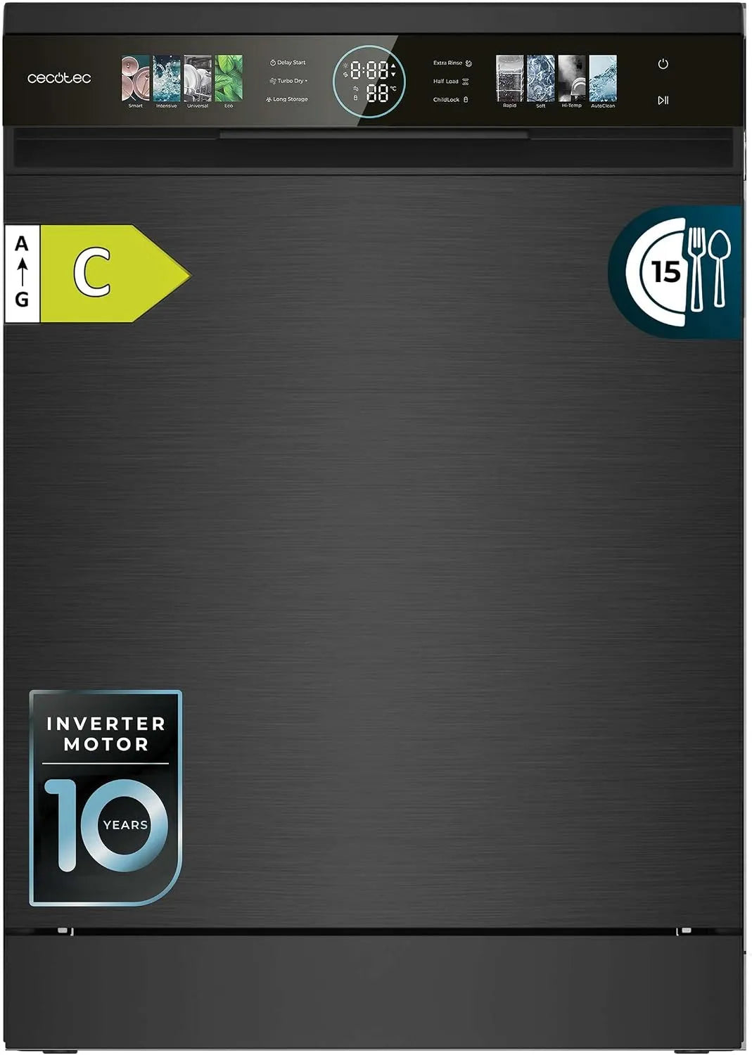 Cecotec Bolero Aguazero 6620 Geschirrspüler, 60cm, 1850 W, 8 Programme, Spülmaschine, Inverter, 15 Gedecke, FullColor xxL Bildschirm, Smart Wash