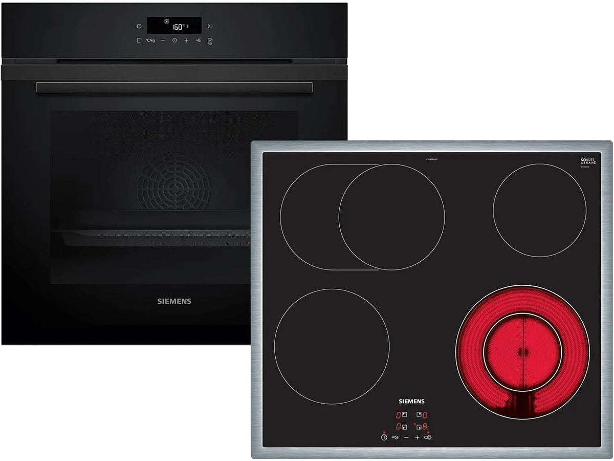 Siemens PQ223EA00Z HB271ABB3 Glaskeramikkochfeld, autark, Edelstahl, Schwarz, Siemens Set PQ223EA00Z Pyrolyse Backofen Deep black inox HB271ABB3 +