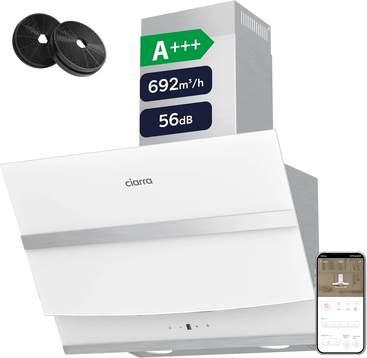 CIARRA CBCW6736N Dunstabzugshaube, 60 cm, 692 m3/h, Küchenhaube, WLAN