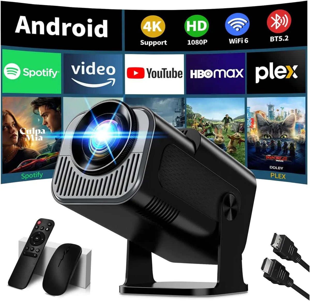 Smart TV 1080P, Fernseher, 4K UHD, HDMI, tragbar, WLAN, Bluetooth, Schwarz, Mini Beamer Unterstützt 4K, Beamer Klein Projektor Auto Keystone 270° Dreh