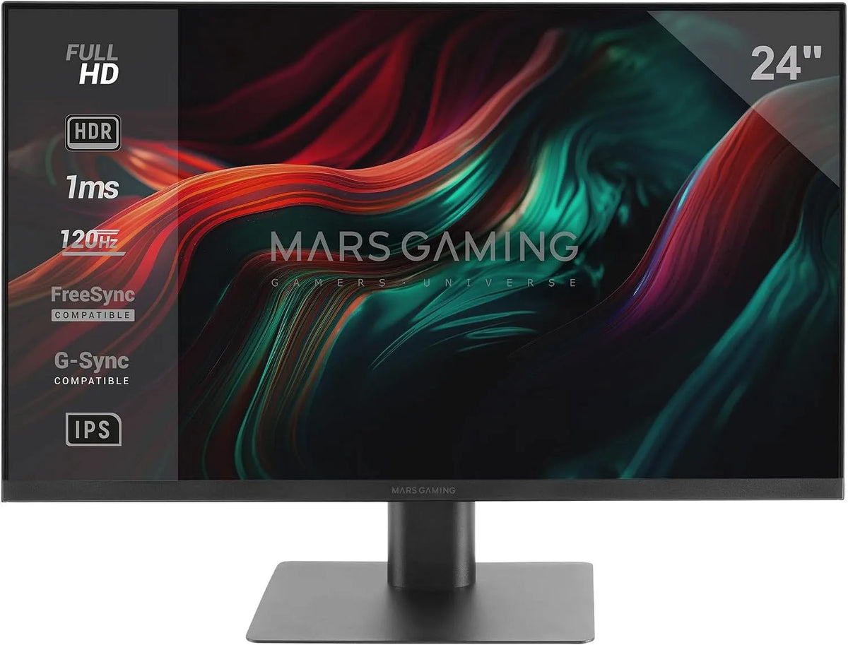 Monitor, 1 ms, 120 Hz, MARSGAMING MV-24, Gaming-Ausstattung, HDR, Full HD, IPS-Panel, HDMI, PC-Bildschirm, Schwarz, HDR10 1ms, 25° Neigung, 5mm